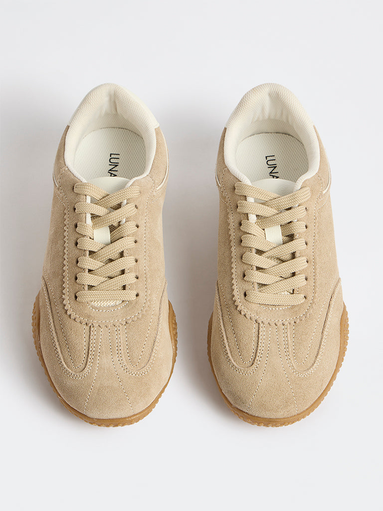 LUNA BLU Beige Suede Lace-Up Trainer Sneakers