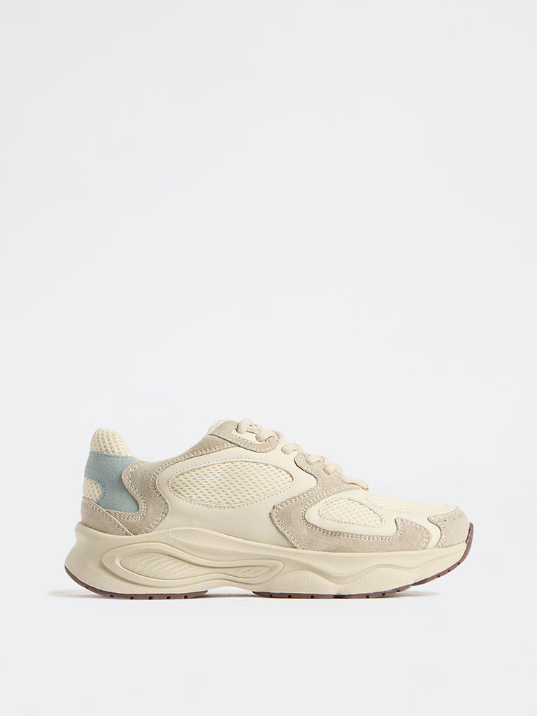LUNA BLU Ivory Sude-Detail Mesh Lace-Up Sneakers