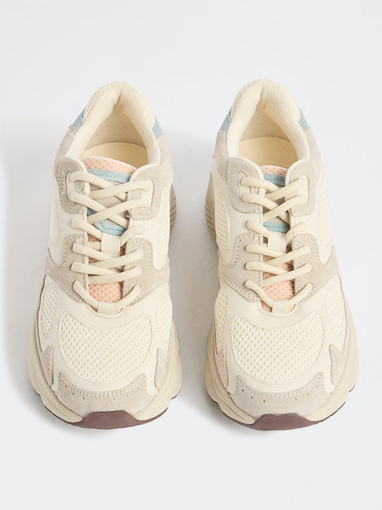 LUNA BLU Ivory Sude-Detail Mesh Lace-Up Sneakers