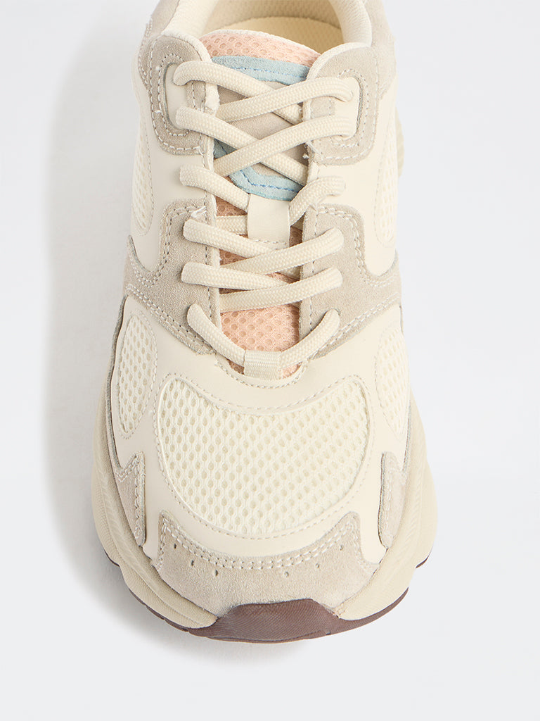 LUNA BLU Ivory Sude-Detail Mesh Lace-Up Sneakers