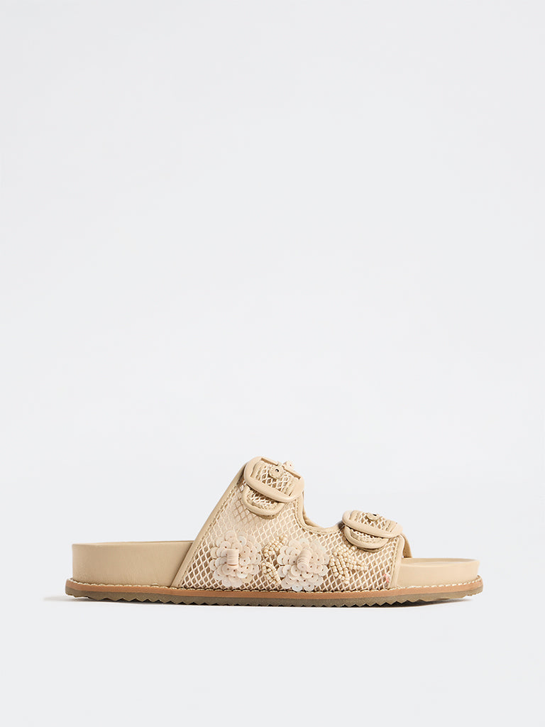 LUNA BLU Cream Embellished Double-Strap Sandals