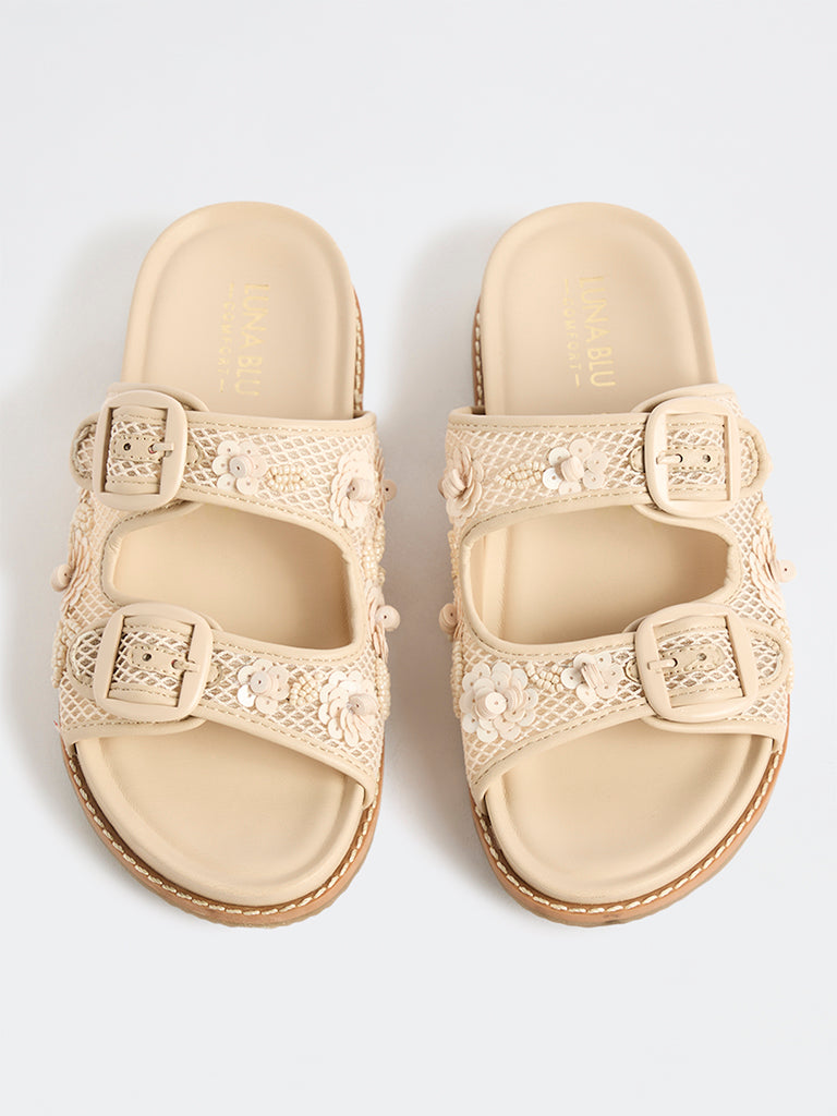 LUNA BLU Cream Embellished Double-Strap Sandals