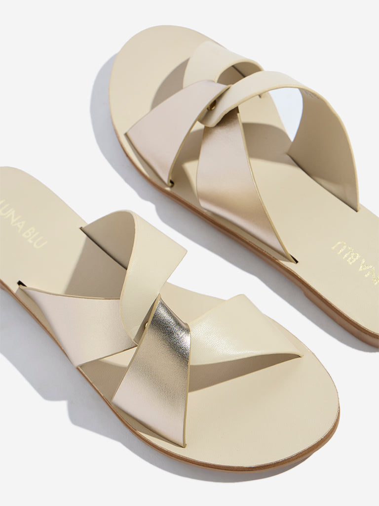 LUNA BLU Ivory Criss-Cross Strap Slides