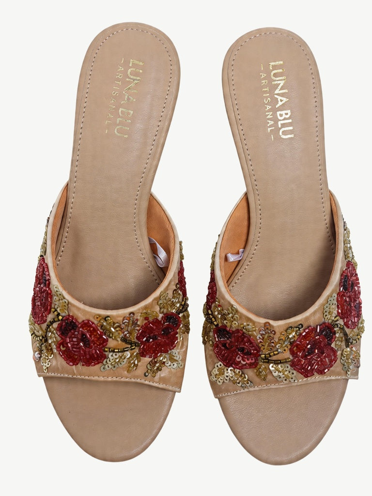 LUNA BLU Ivory Floral Embroidered Heel Sandals