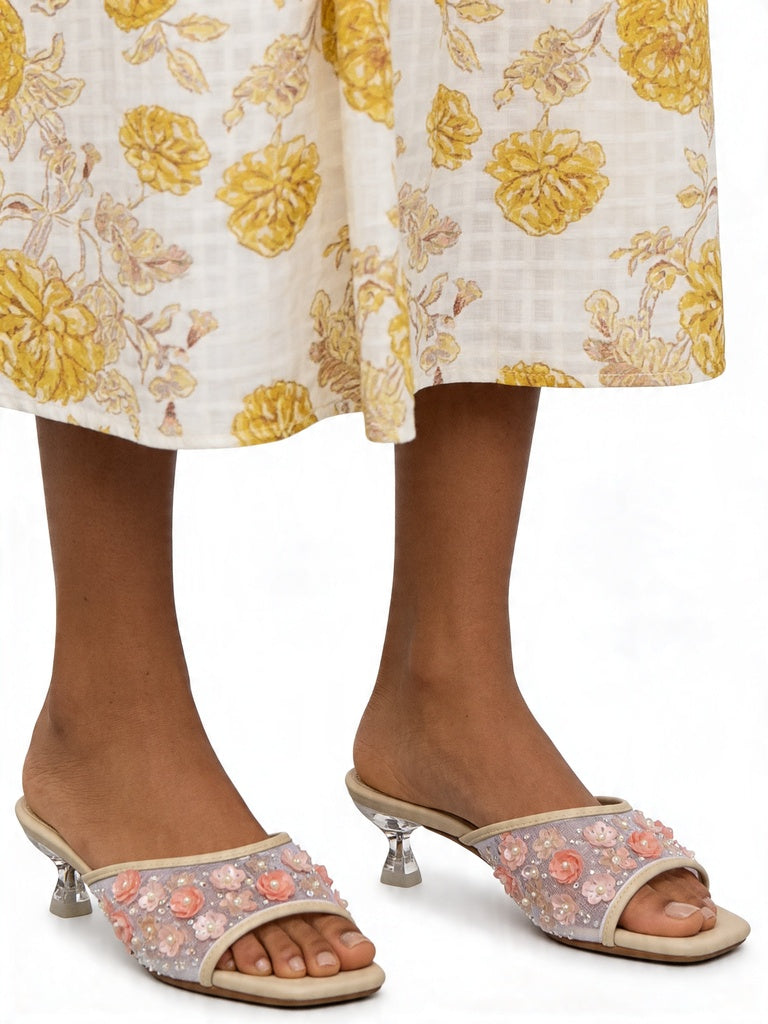LUNA BLU Light Pink Floral Sequin Kitten Heel Sandals