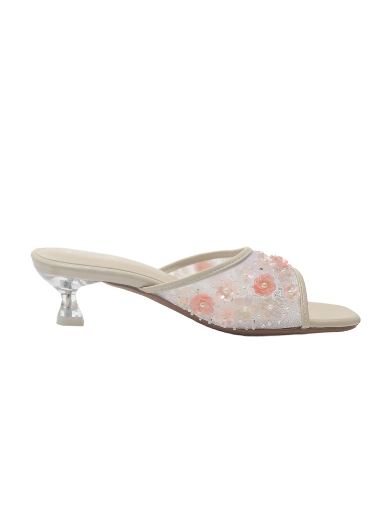 LUNA BLU Light Pink Floral Sequin Kitten Heel Sandals