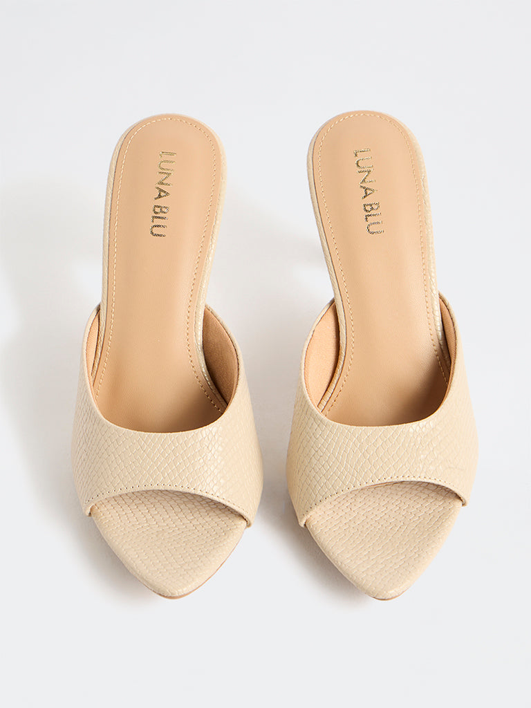 LUNA BLU Beige Reptile-Textured Flared-Heel sandals