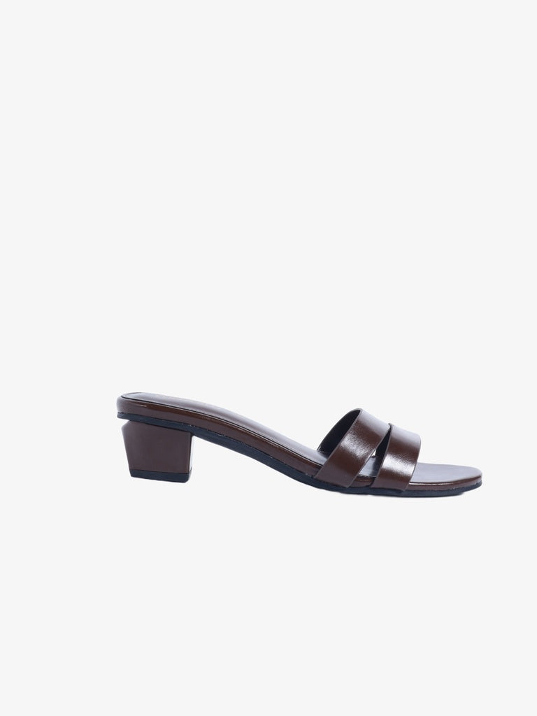LUNA BLU Brown Double Strap Block Heel Mules