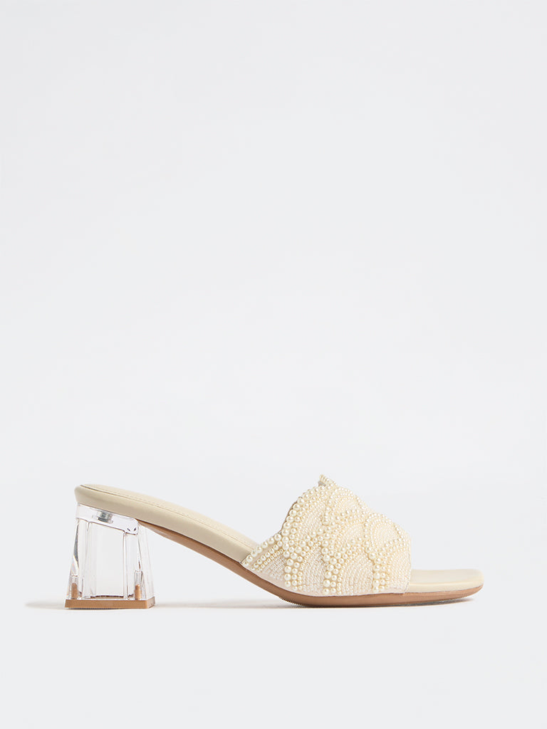 LUNA BLU Ivory Pearl-Detailed Block-Heel Sandals