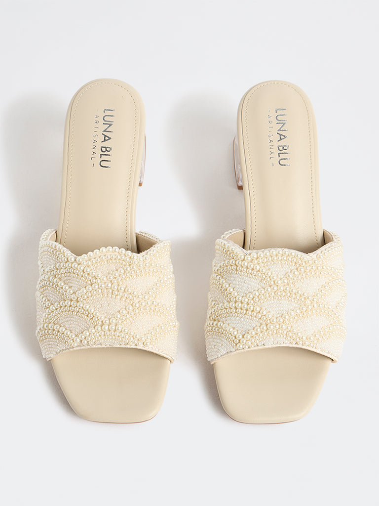 LUNA BLU Ivory Pearl-Detailed Block-Heel Sandals
