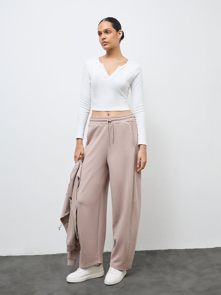 Nuoflexx White Ribbed Cotton-Blend Top