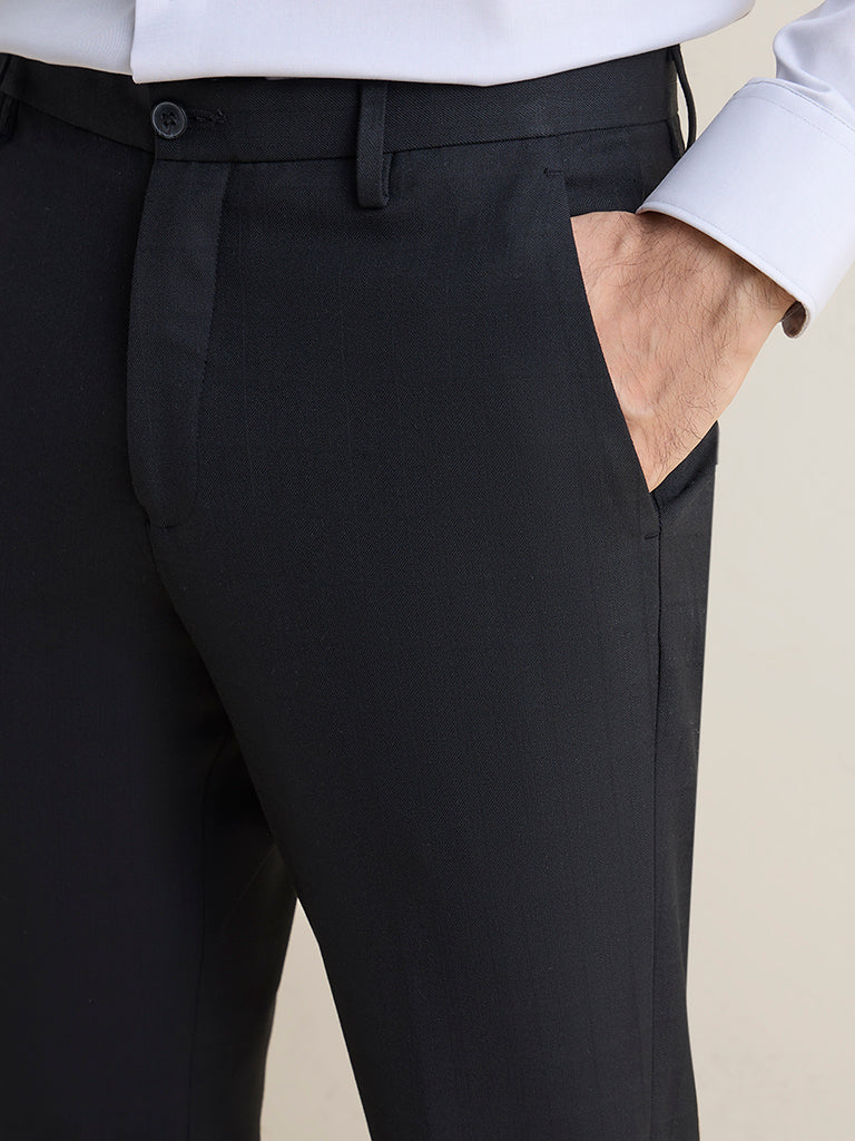 WES Formals Black Slim-Fit Mid-Rise Trousers