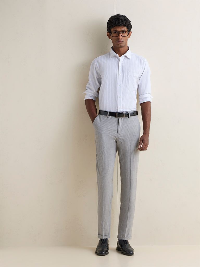 WES Formals Grey Pinstripe Slim-Fit Mid-Rise Trousers