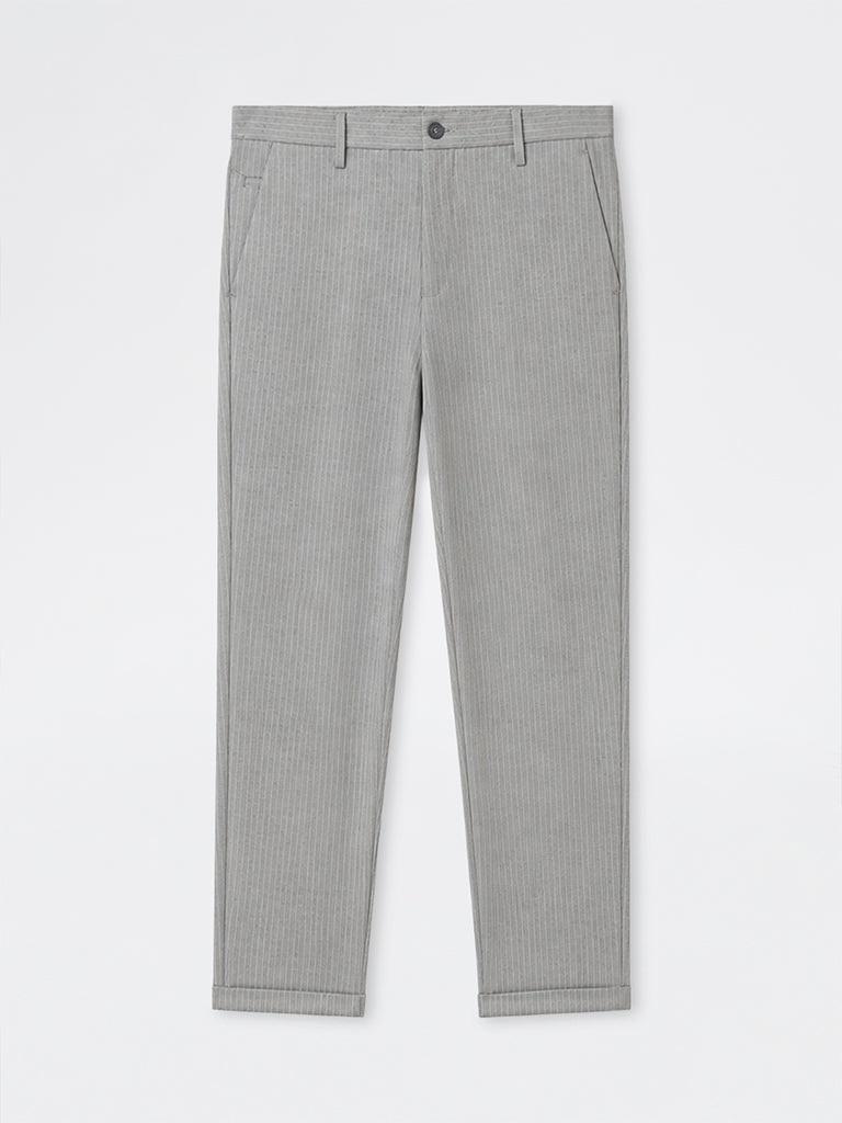 WES Formals Grey Pinstripe Slim-Fit Mid-Rise Trousers
