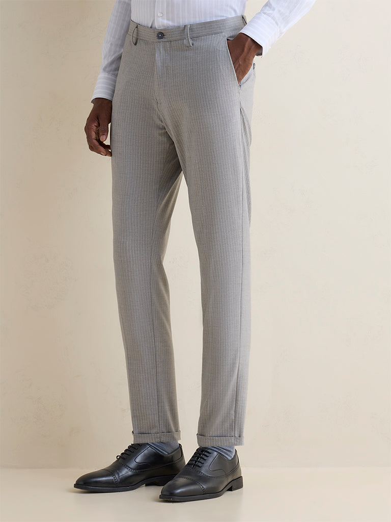 WES Formals Grey Pinstripe Slim-Fit Mid-Rise Trousers