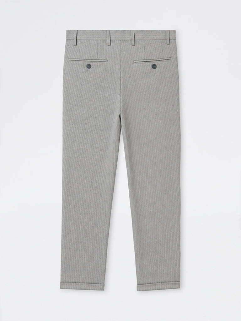 WES Formals Grey Pinstripe Slim-Fit Mid-Rise Trousers