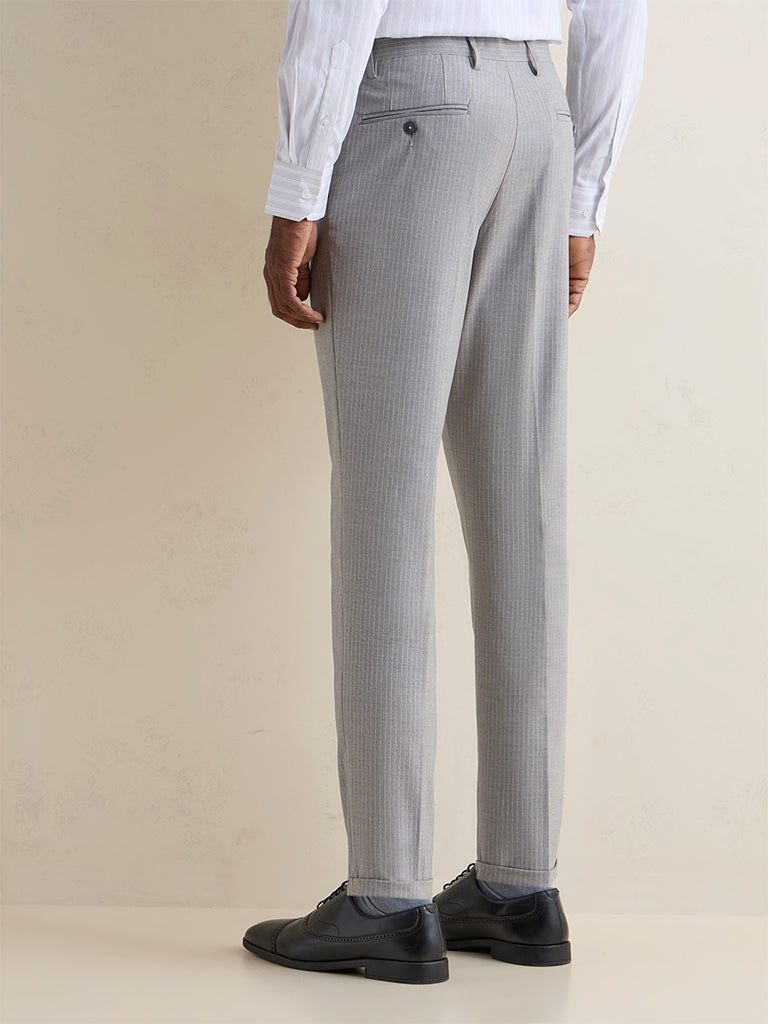 WES Formals Grey Pinstripe Slim-Fit Mid-Rise Trousers