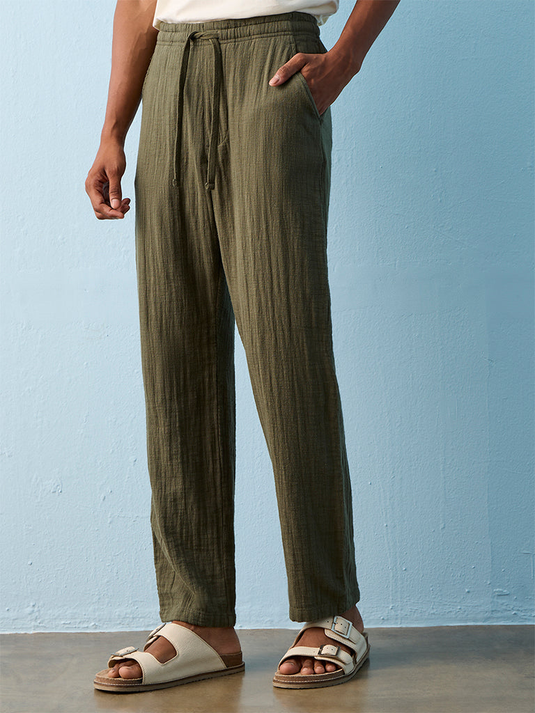ETA Olive Textured Relaxed-Fit Mid-Rise Cotton Chinos