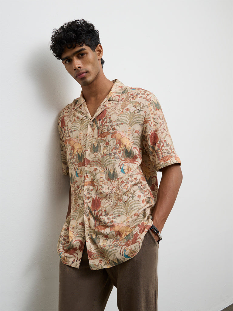ETA Beige Printed Relaxed Fit Shirt