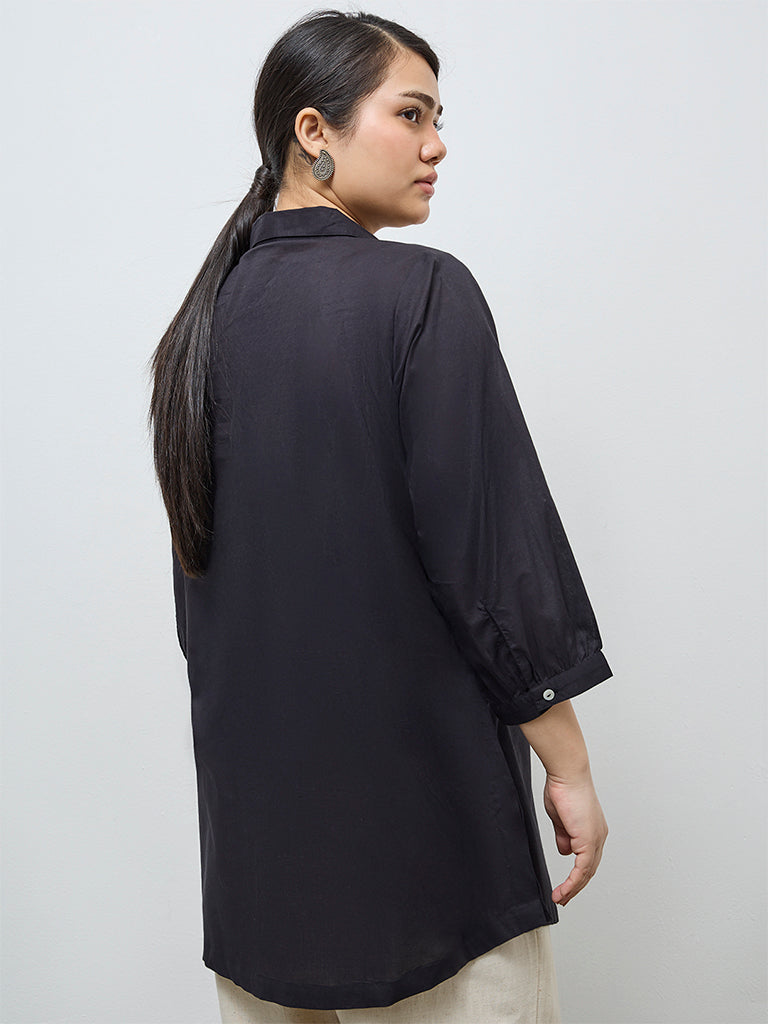Diza Black Botanical Embroidered Cotton Tunic