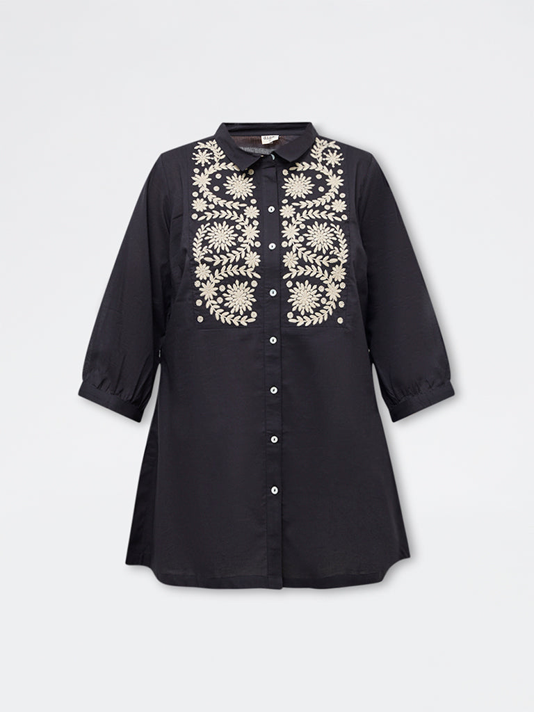 Diza Black Botanical Embroidered Cotton Tunic