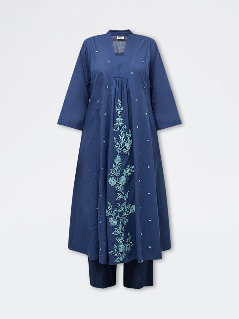 Diza Indigo Floral Embroidered Cotton A-Line Kurta