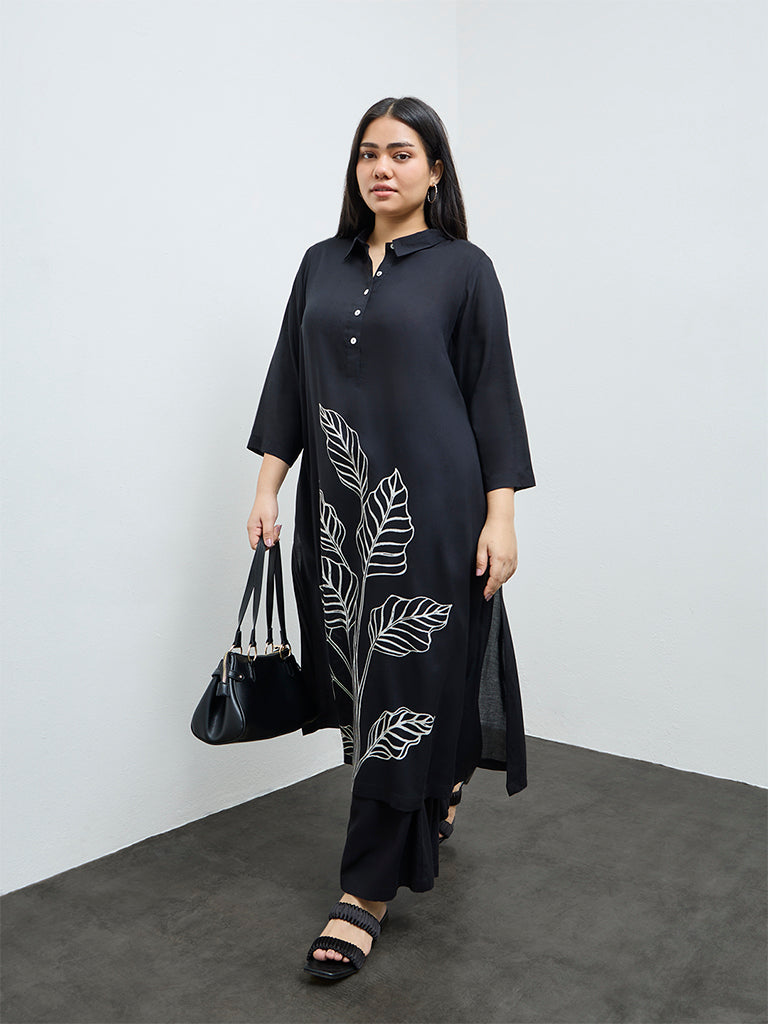 Diza Black Foliage Printed A-Line Kurta