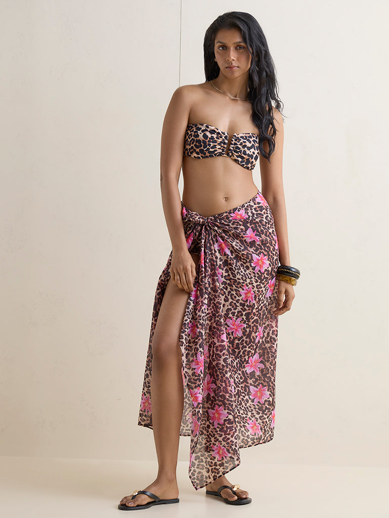 Wunderlove Swimwear Brown Animal Printed U-Shape Bandeau Bikini Bra