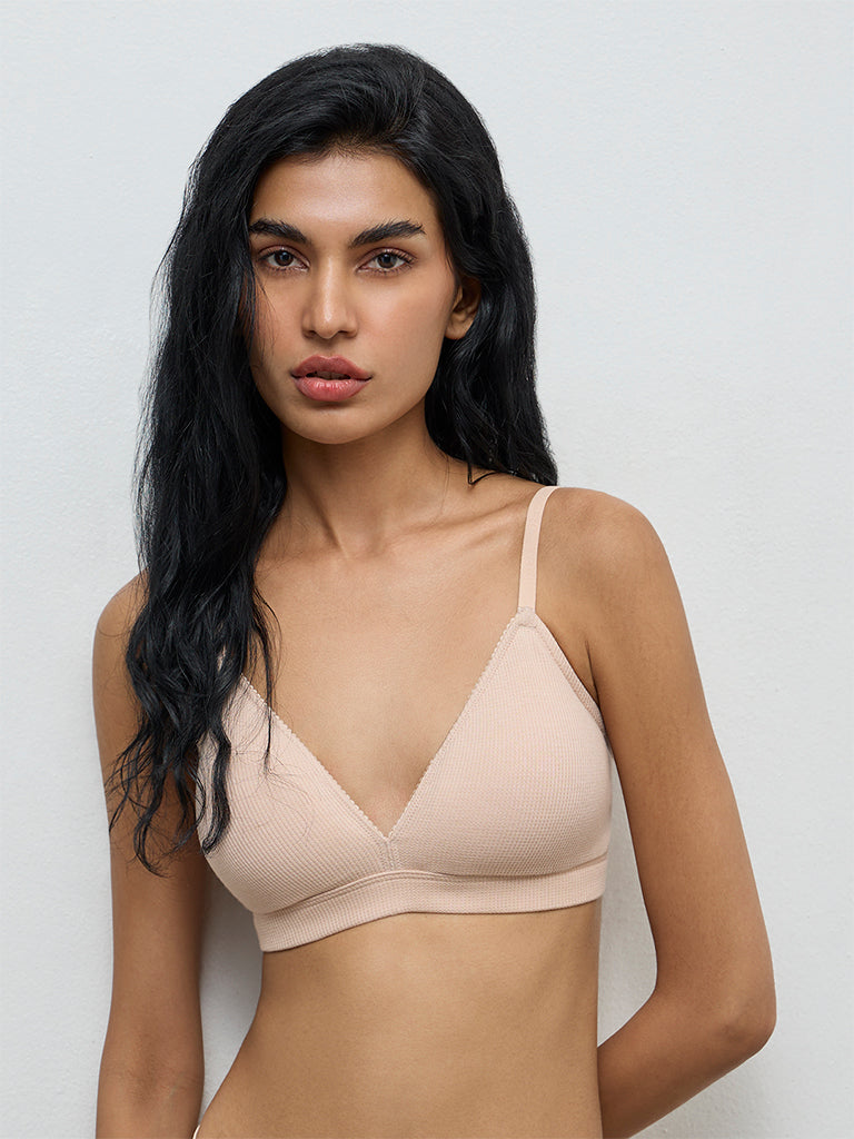 Superstar Light Beige Waffle-Textured Padded Cotton-Blend Bra
