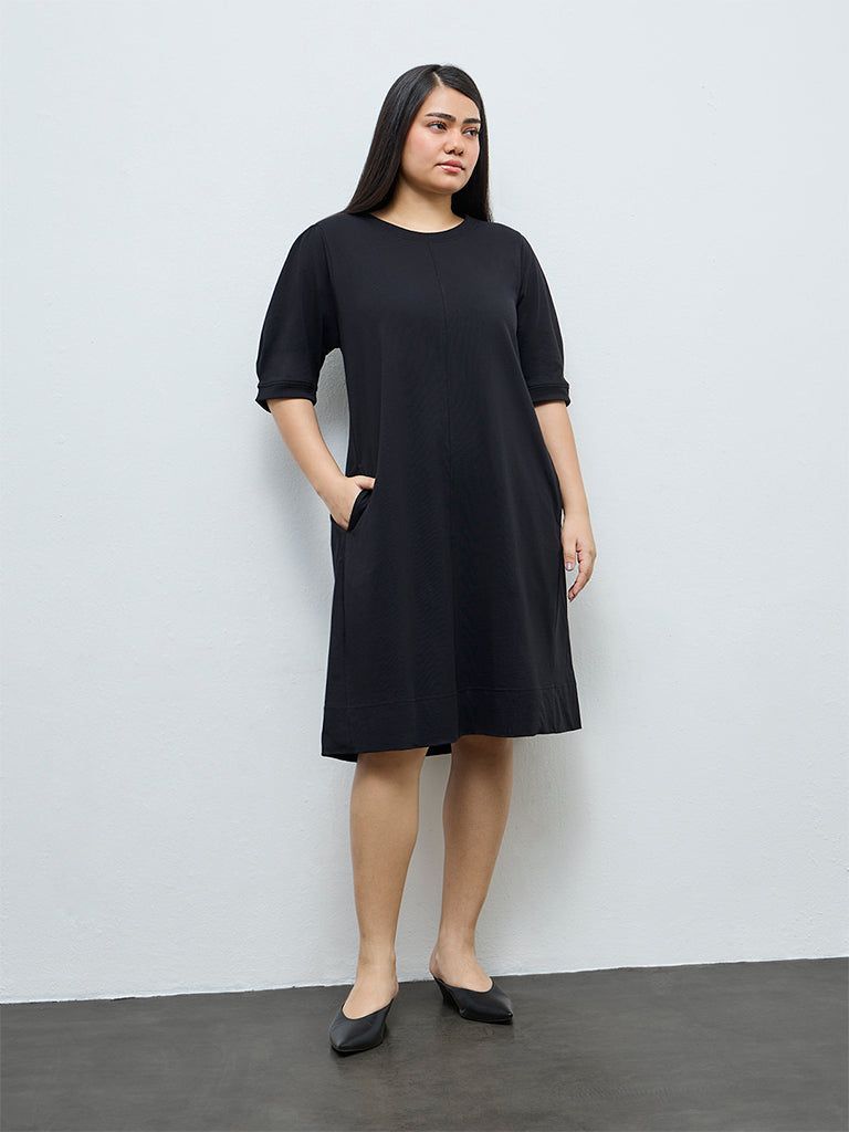 Gia Black Solid A-Line Cotton Dress
