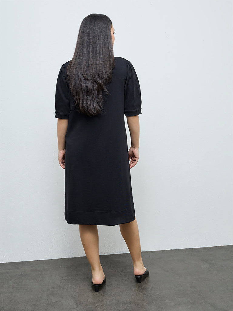 Gia Black Solid A-Line Cotton Dress