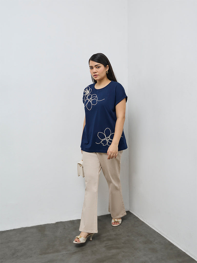 Gia Navy Foliage Embroidered Cotton T-Shirt
