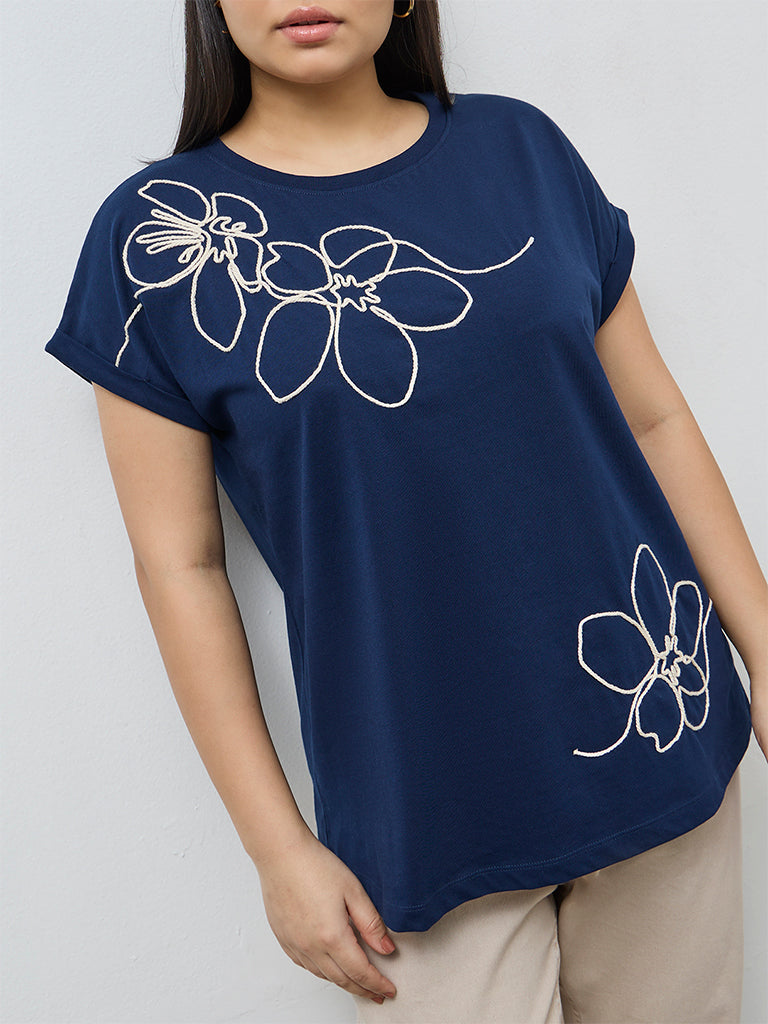 Gia Navy Foliage Embroidered Cotton T-Shirt