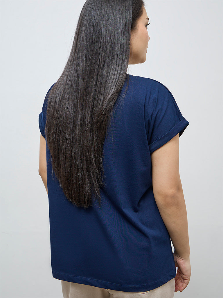 Gia Navy Foliage Embroidered Cotton T-Shirt