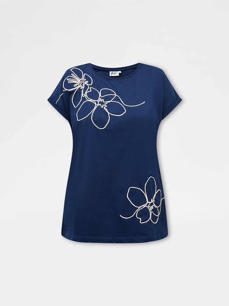 Gia Navy Foliage Embroidered Cotton T-Shirt