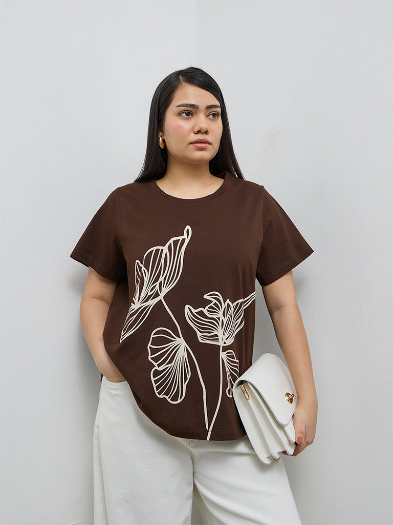 Gia Dark Brown Foliage Printed Cotton T-Shirt
