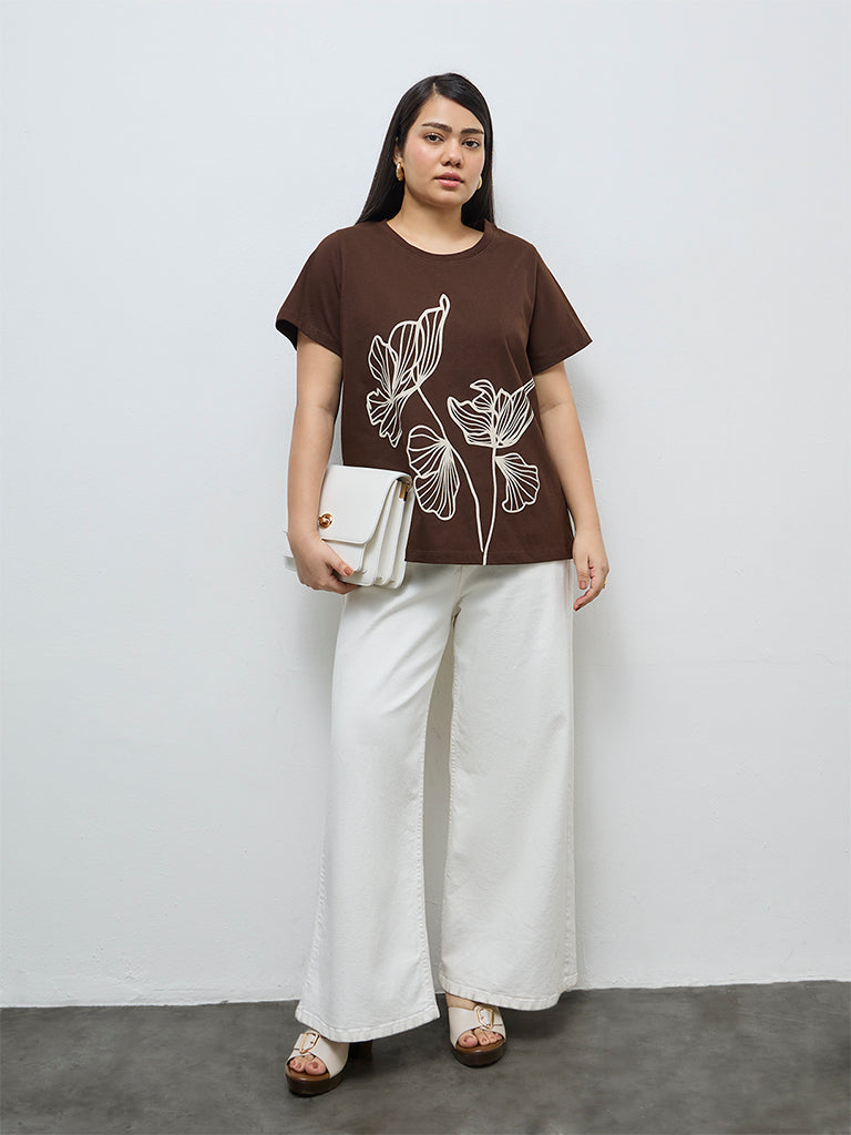 Gia Dark Brown Foliage Printed Cotton T-Shirt
