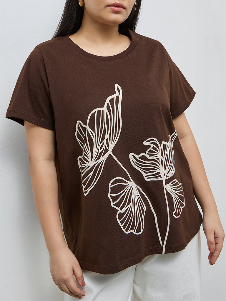 Gia Dark Brown Foliage Printed Cotton T-Shirt