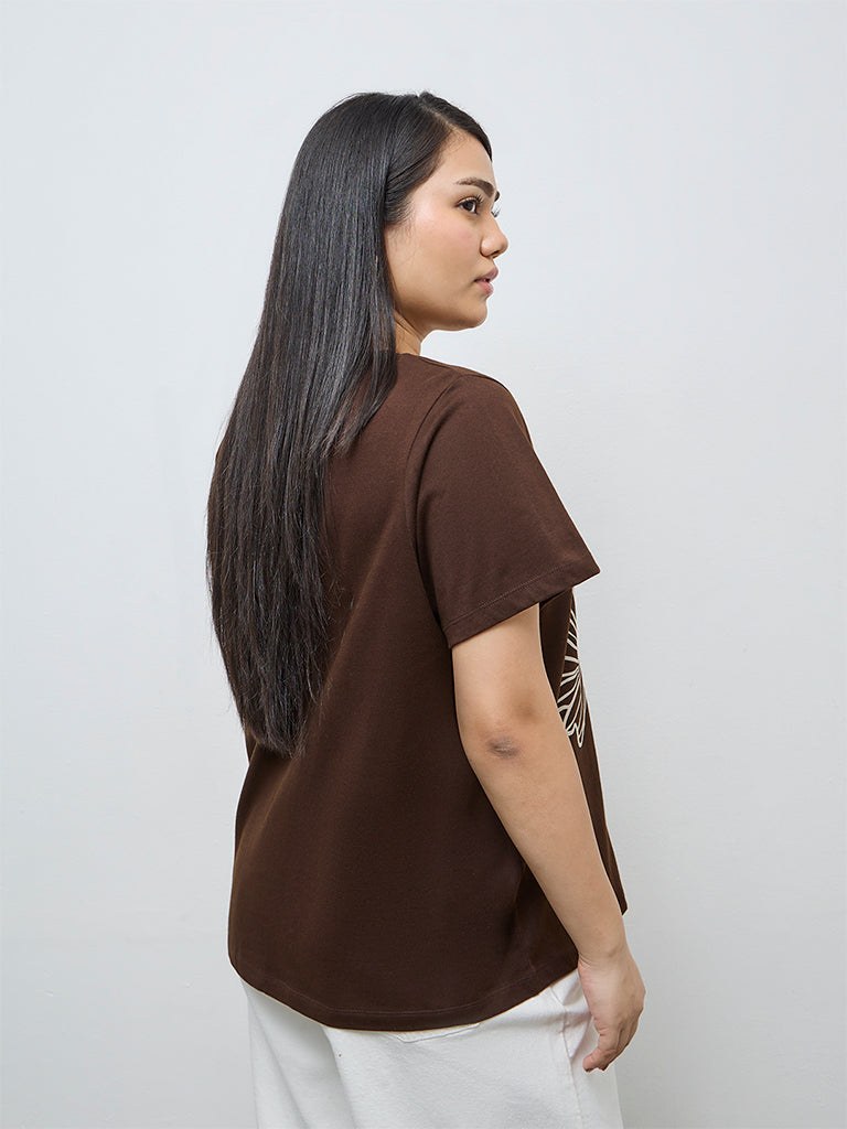 Gia Dark Brown Foliage Printed Cotton T-Shirt