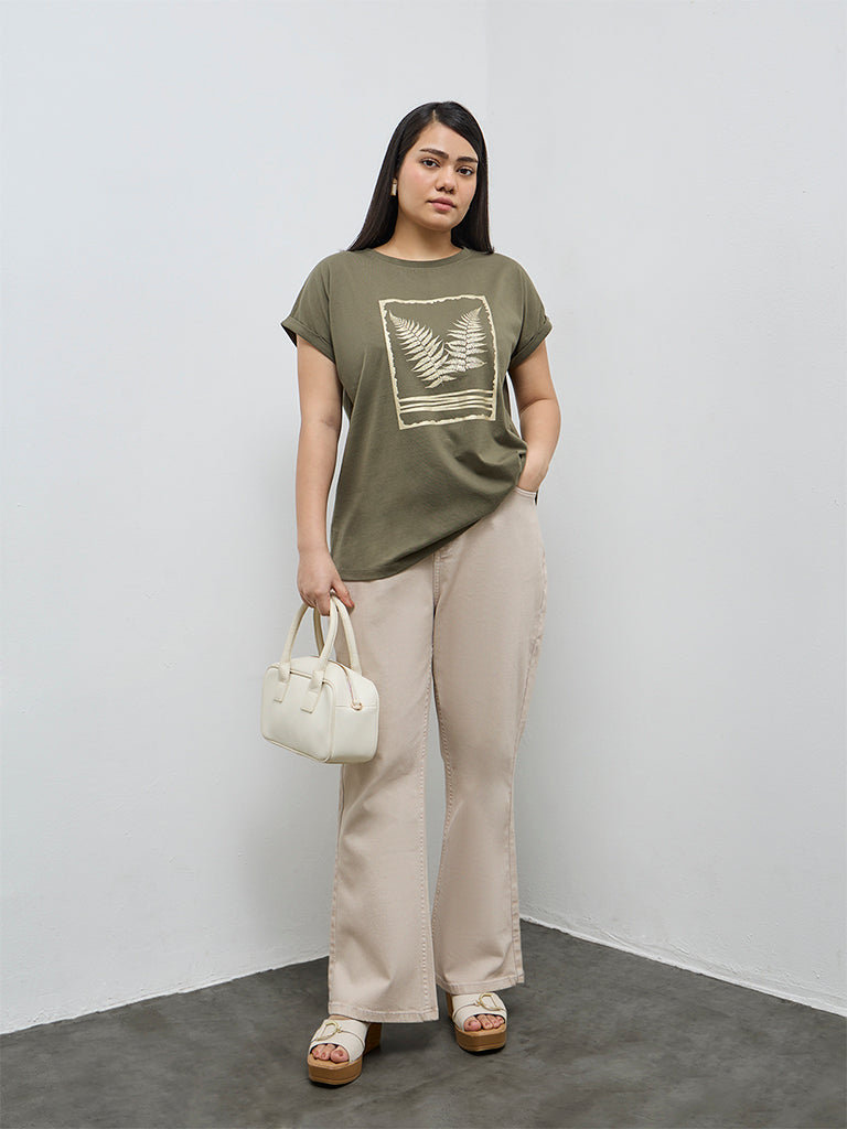 Gia Olive Leaf Pattern Cotton T-Shirt