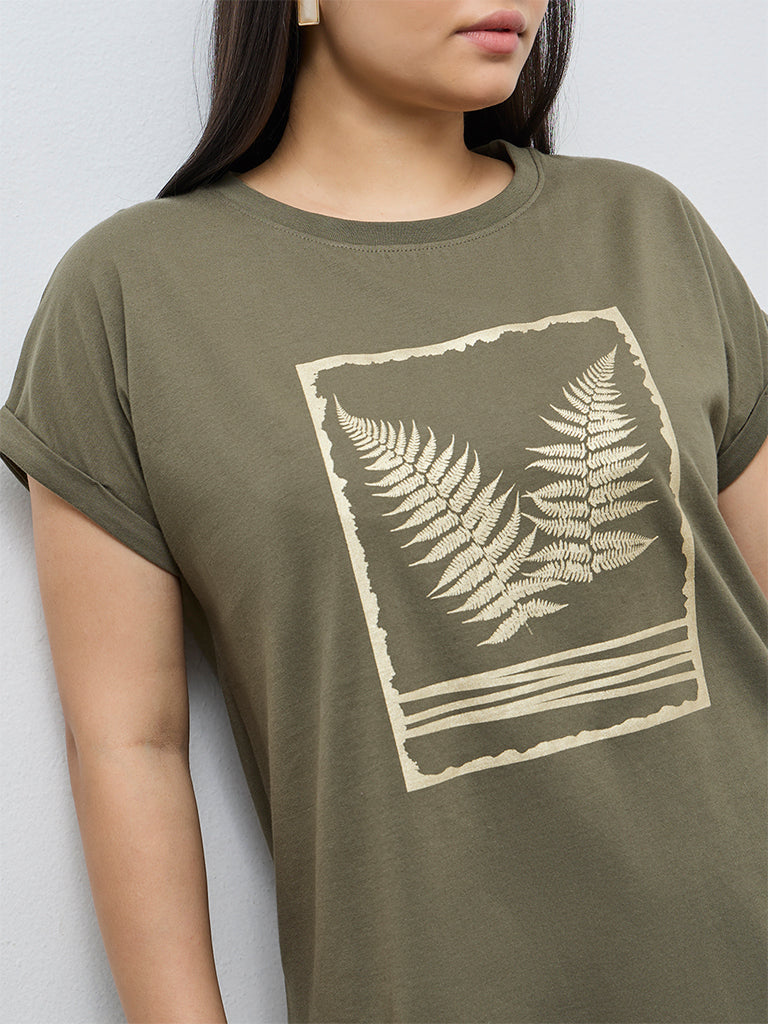 Gia Olive Leaf Pattern Cotton T-Shirt