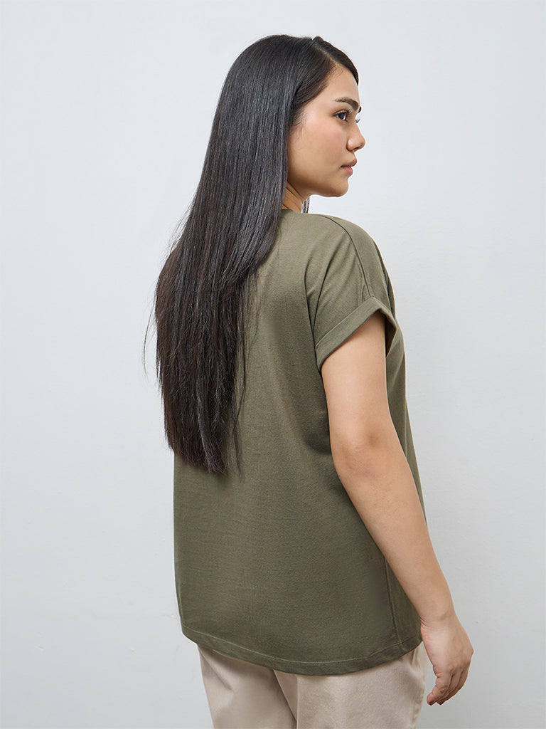 Gia Olive Leaf Pattern Cotton T-Shirt