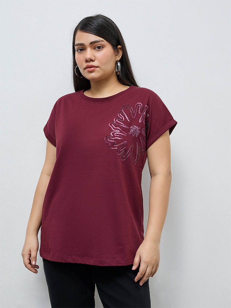 Gia Wine Floral Embellished Cotton T-Shirt