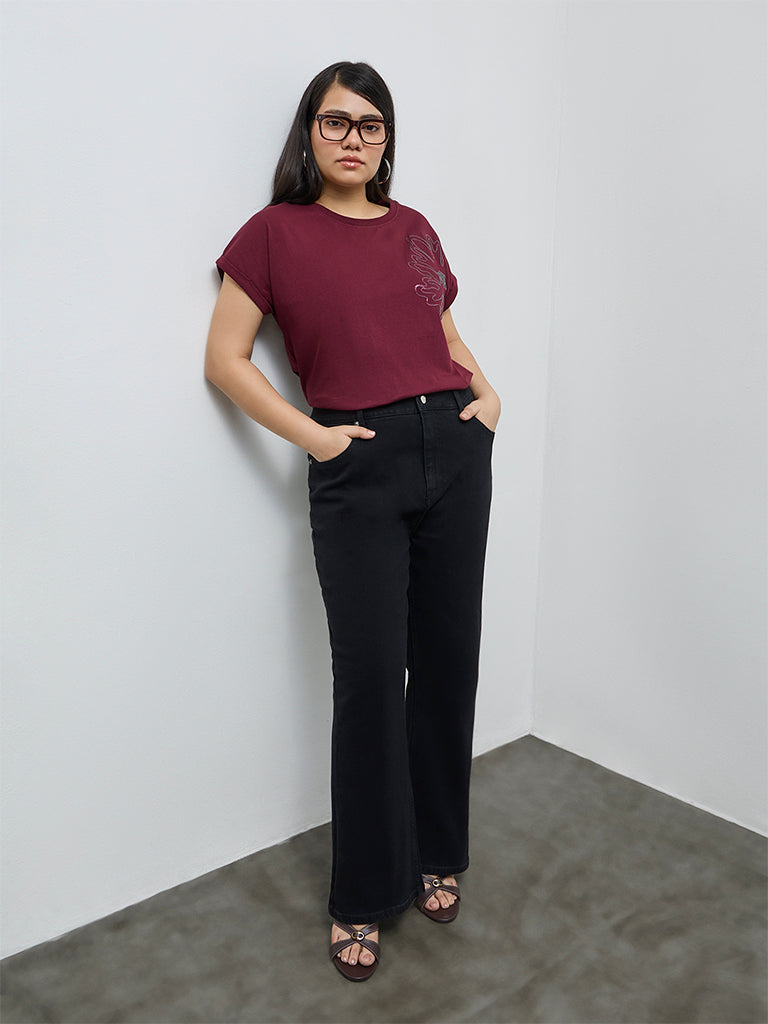 Gia Wine Floral Embellished Cotton T-Shirt