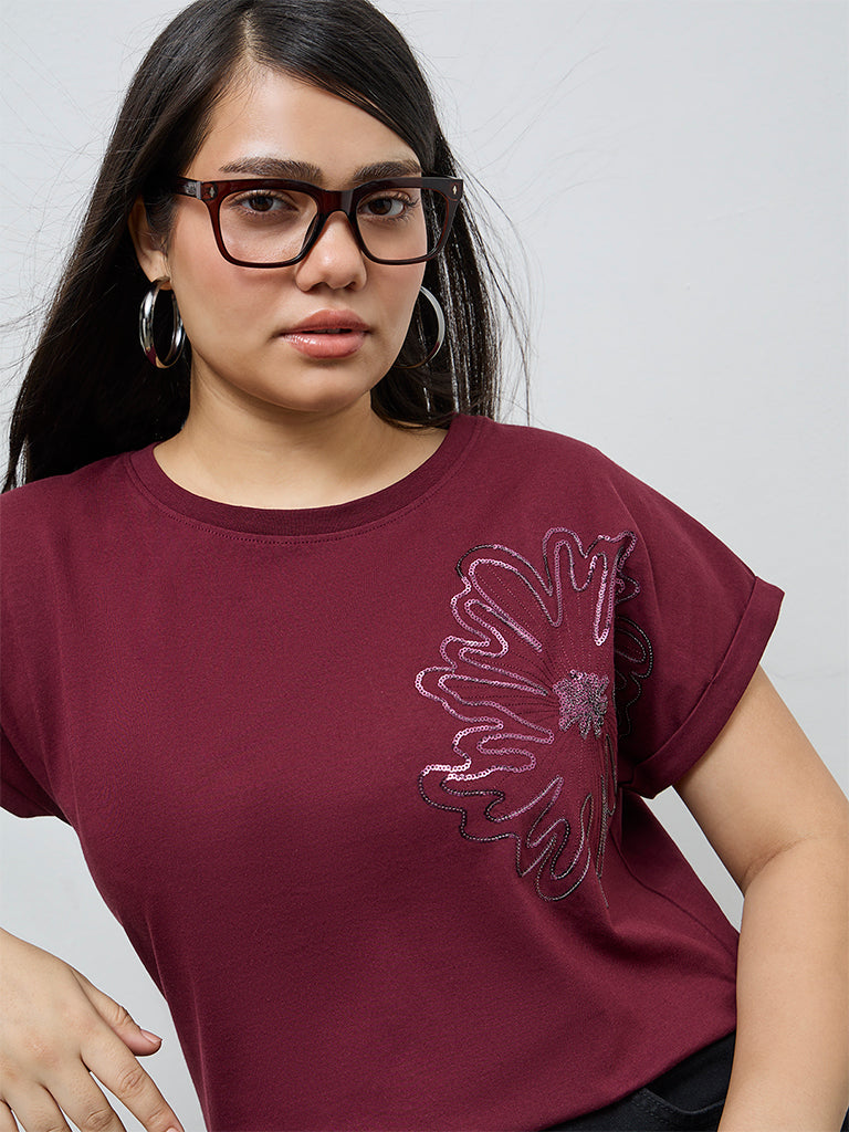 Gia Wine Floral Embellished Cotton T-Shirt