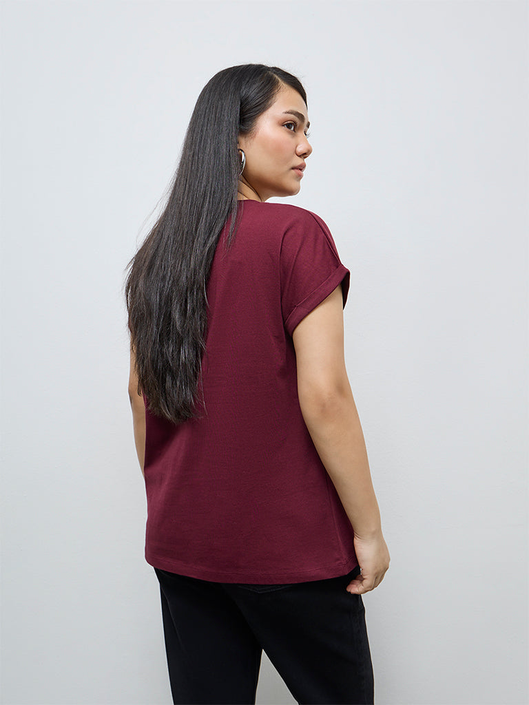 Gia Wine Floral Embellished Cotton T-Shirt
