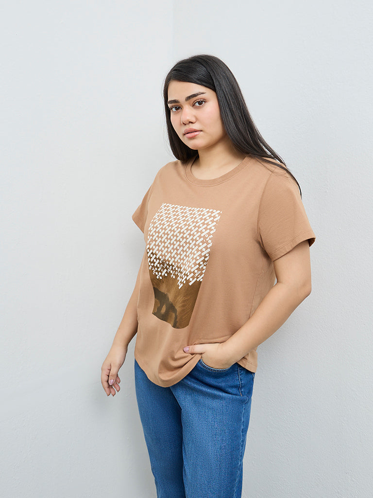 Gia Beige Graphic Printed Cotton T-Shirt