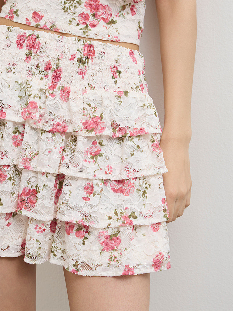 Nuon Off-White Floral Printed High-Rise Skirt
