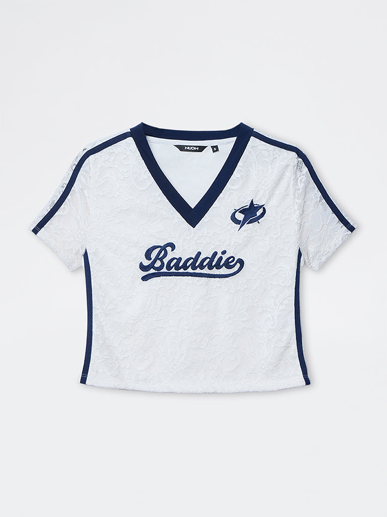 Nuon White Text-Detailed Lace T-Shirt