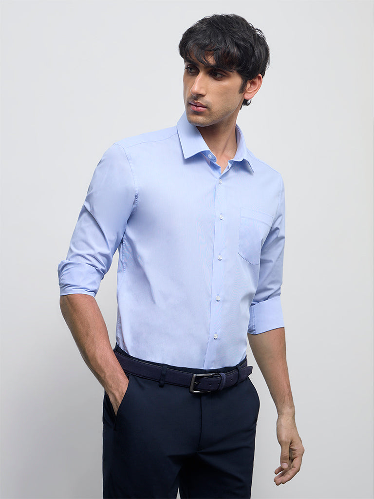 WES Formals Blue Solid Slim-Fit Cotton Shirt